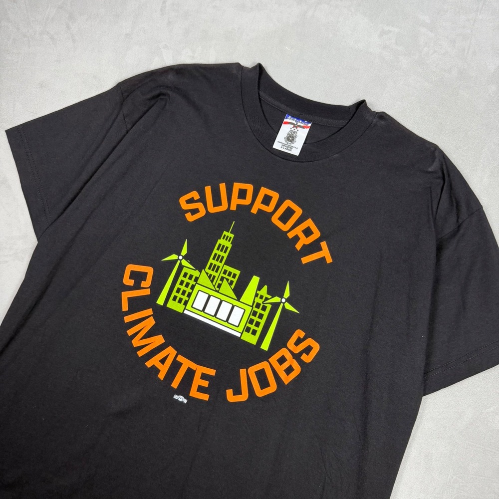 Y2K Mens Union Made Support Climate Jobs Teamsters Graphic T-Shirt Black XL - Picture 2 of 6